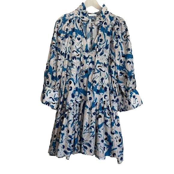 H&M Conscious Smock Dress with Puffed Sleeves Blue Watercolor Size Small - Picture 3 of 16